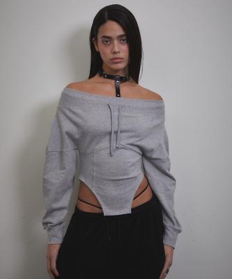 Bunteu Corset Off Shoulder Sweatshirt (Gray)