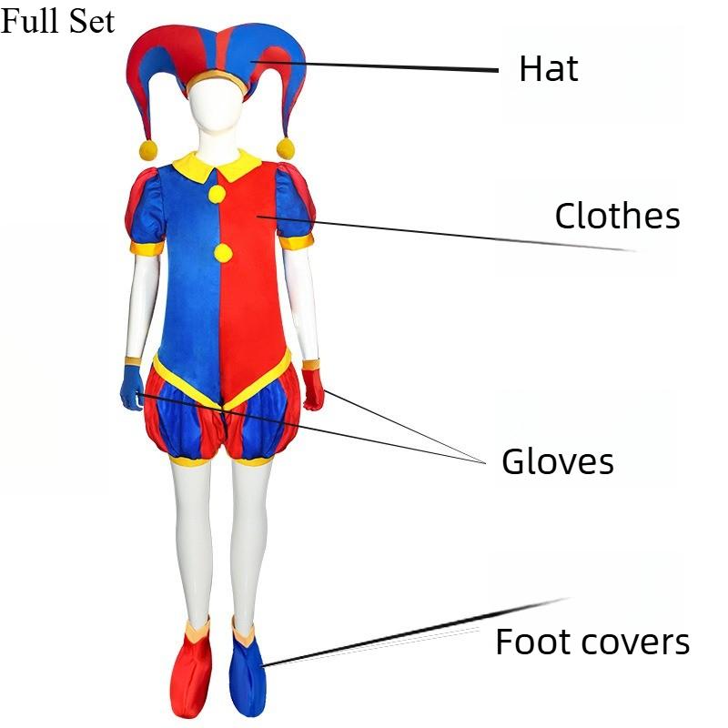 Zirkus Pomni Cosplay Kostüm mit Hut Handschuhe Halloween Kostüme Karnevalskostüme(GRÖSSE 140cm-180cm)
