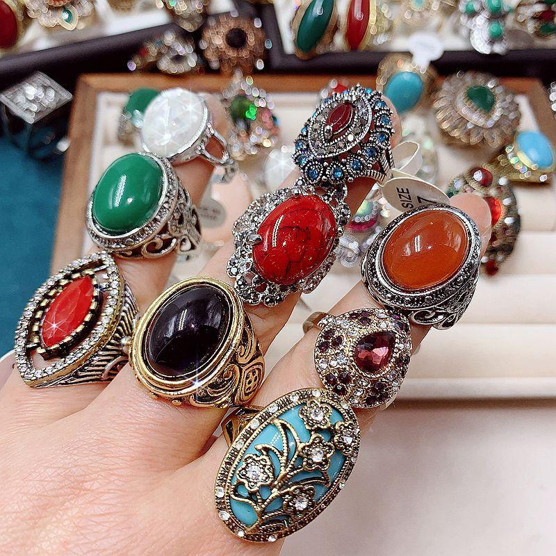 10Pcs retro exaggerated turquoise ring fashionable pearl ring jewelry