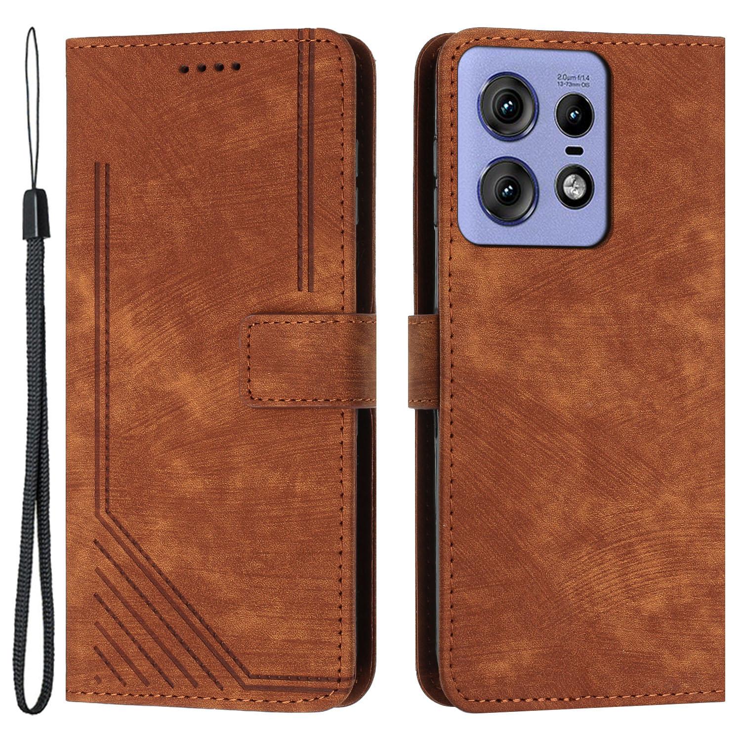 

For Motorola Edge 50 Pro 5G Case Lines Imprinted Skin-Touch Leather Phone Cover Brown