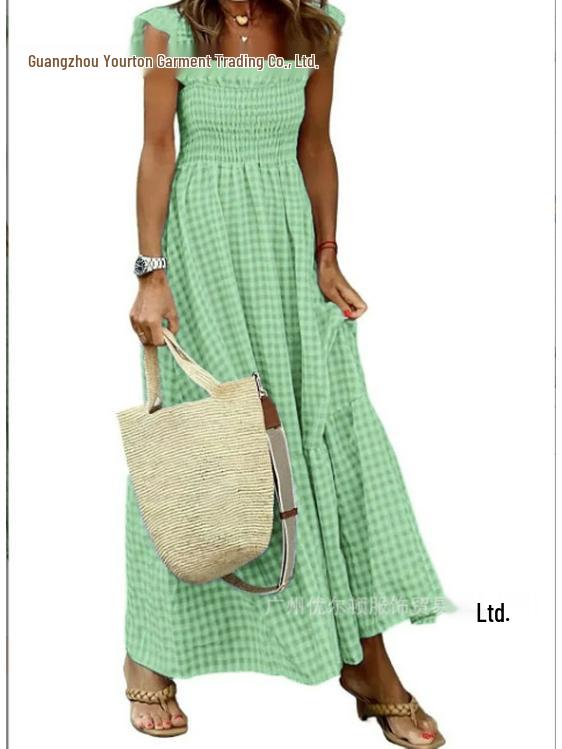 2025 Summer Women's Patchwork Plaid Spaghetti Strap Swing Dress