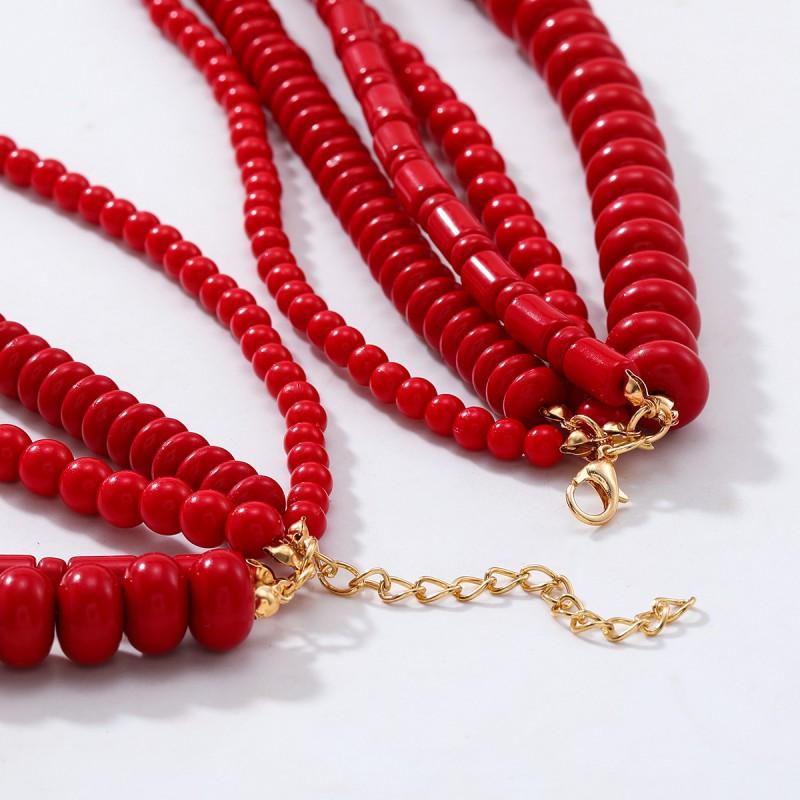 Handmade Red Beaded Layered Necklace Women Boho Chic Statement Jewelry With Geometric Design 81cm Length