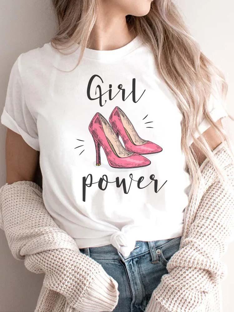 Modisches bedrucktes High-Heel-T-Shirt für Damen Modisches weißes Kurzarm-T-Shirt mit Schleifendesign Lässiges Home-Top für Mädchen