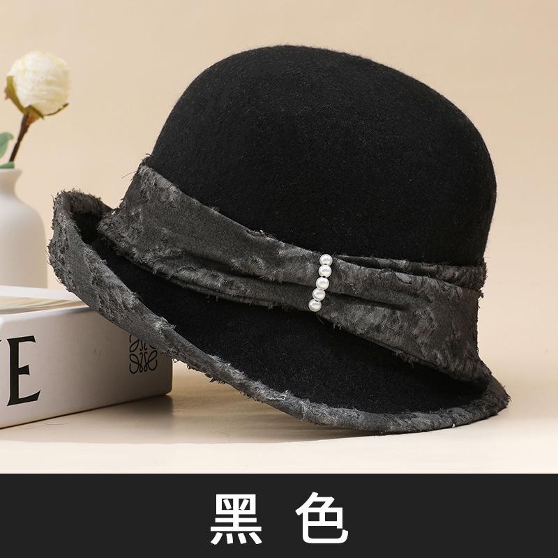 Wool Pot Hat Jacquard Velvet Ribbon Hat Women's Autumn and Winter Elegant Fashion Top Hat Shows Small Face