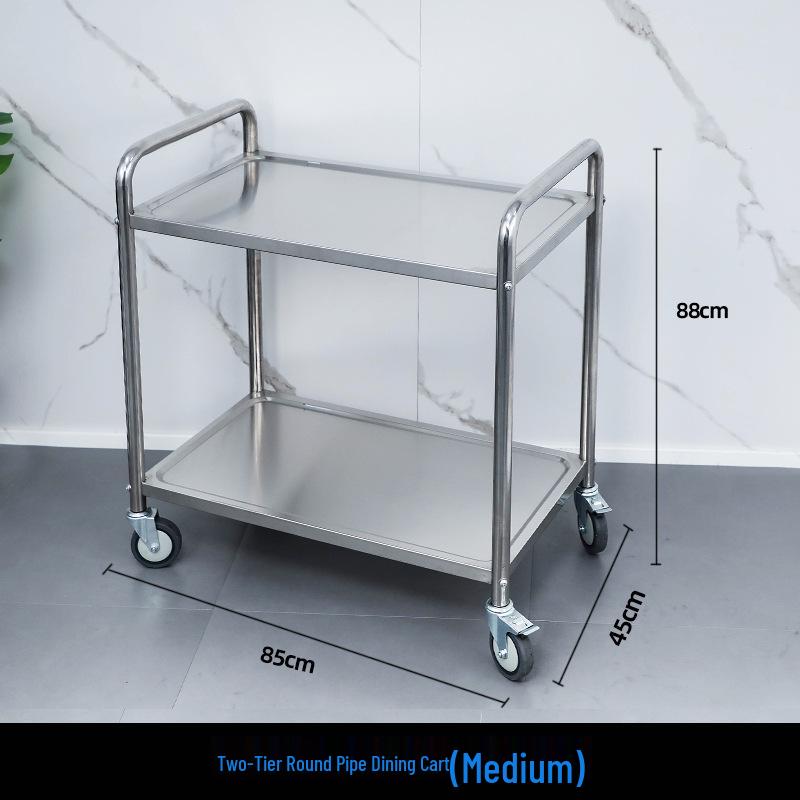 Three-tier Stainless Steel Service Cart: Meal, Food, Beverage, and Dish Collection Trolley for Restaurants and Hotels.