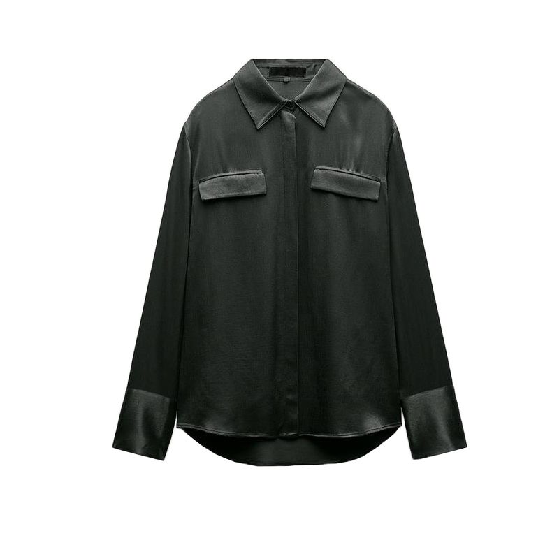 Fall and Winter New Women's Clothing Fashion Air Outlet Pocket Decoration Silk Satin Texture Lapel Long Sleeve Shirt Tops 8987213