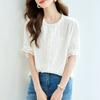 Lace Round Neck Short-sleeved Shirt Commuting Korean Style Loose Slim Cotton Summer Top for Women