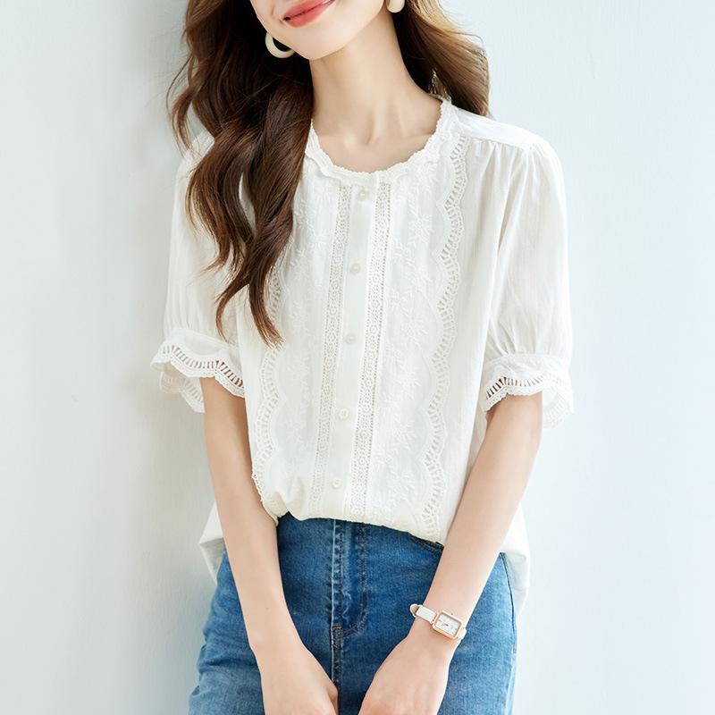 Lace Round Neck Short-sleeved Shirt Commuting Korean Style Loose Slim Cotton Summer Top for Women