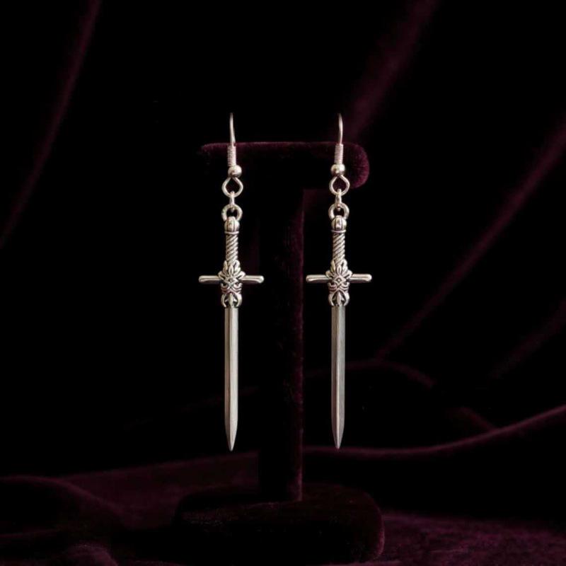 Silver Cross Sword Pendant Earrings - Retro Gothic Style Jewelry
