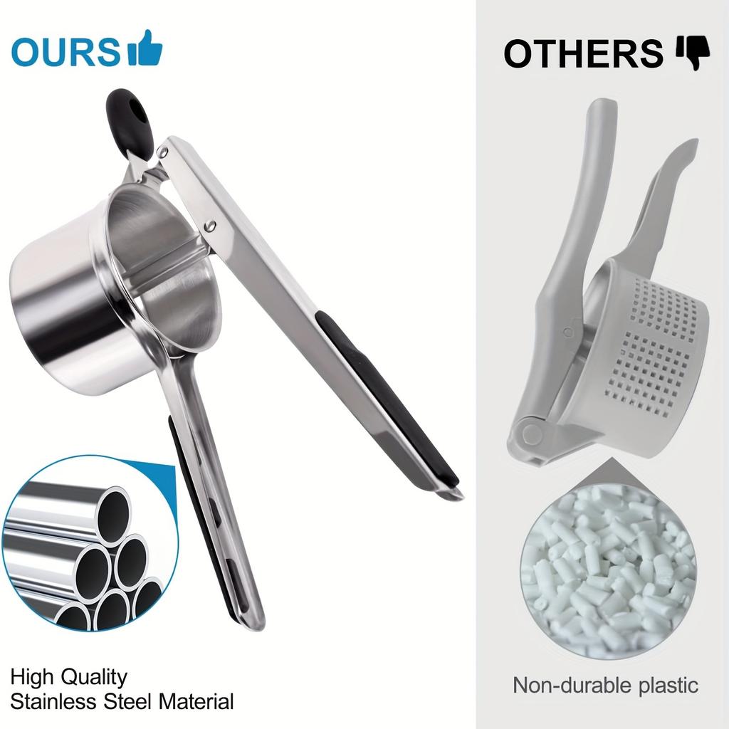 Stainless steel potato masher with silicone handle, potato press, potato purer, with interchangeable mesh