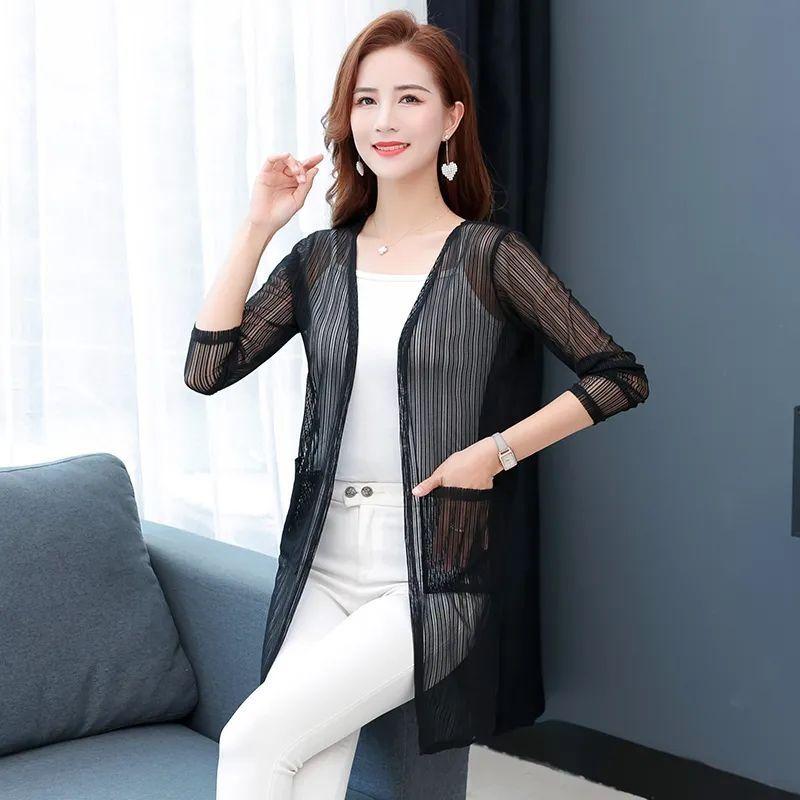

Summer New Plus Size Women s Outerwear Lace Medium Long Shawl Top Mesh Cardigan Thin Jacket 4XL