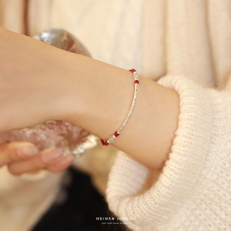 

Бамбуковая радость: Браслет из чистого серебра, сплетенный из красной веревки, для женщин, символизирующий успех в аспирантуре на поздней стадии, идеальный в качестве подарка на Бенминъянь.