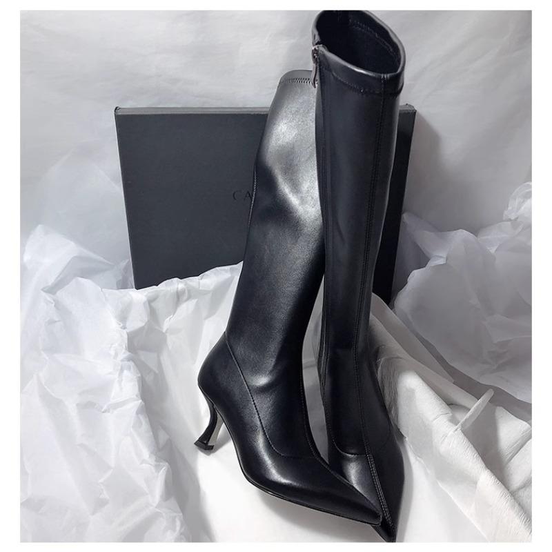 Fashion Beautiful Solid Color Soft Leather Pointed Toe Thin Heel Side Zipper Stretch Women's Boots 2025 New Internet Celebrity High Heel