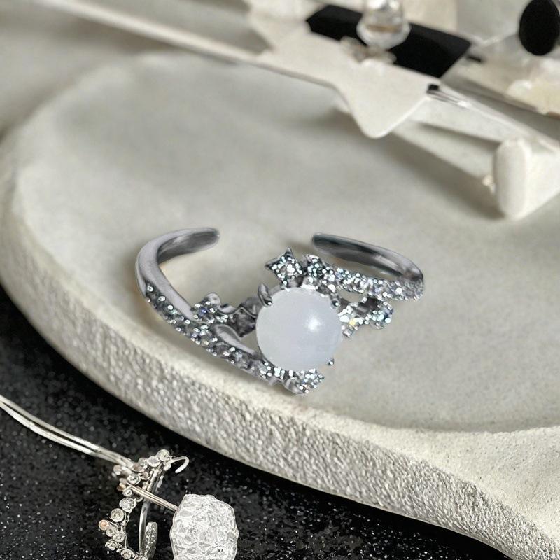 Weißes Mondlicht High-End Nischendesign Offener Ring Nischenpersönlichkeit Schneeflocke Mondsteinring