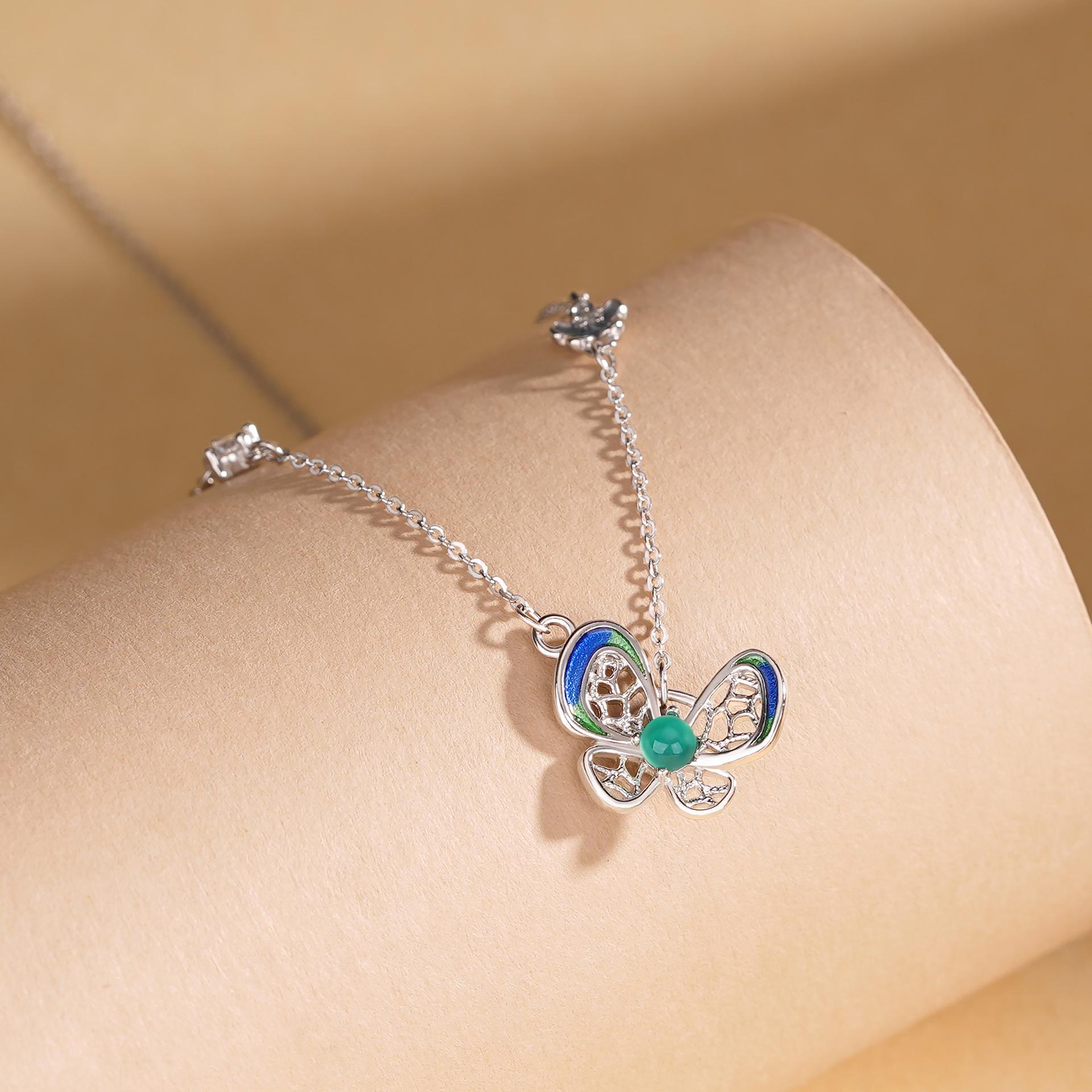 Tichiya S925 Sterling Silver Gold Filigree Butterfly Clavicle Necklace - Enamel Fu Butterfly Design for Women 925 Silver