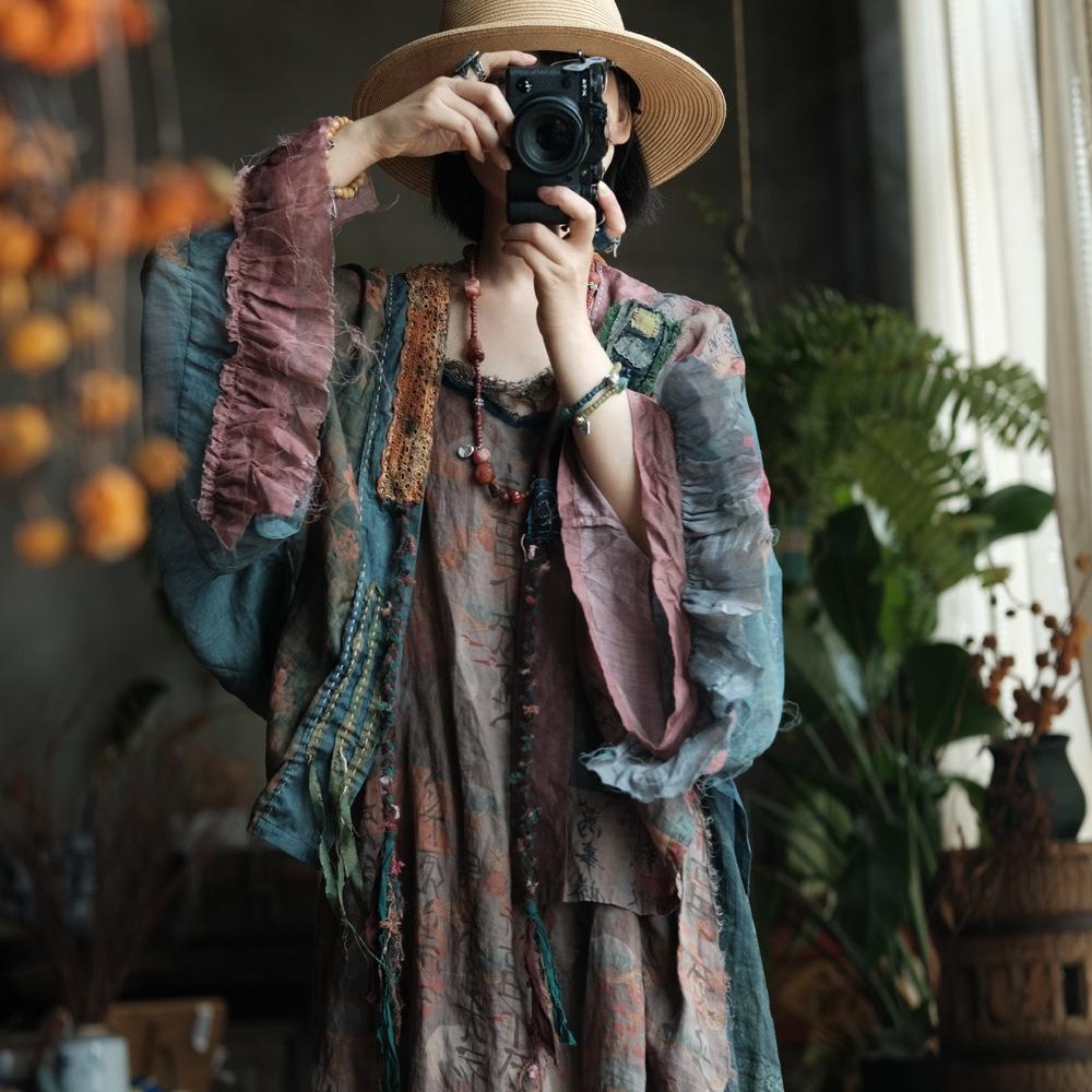 Johnature Women Vintage Patchwork Color Shirts Belt  Autumn Blouses Bat Sleeve Female Blouses Chinese Style Tops