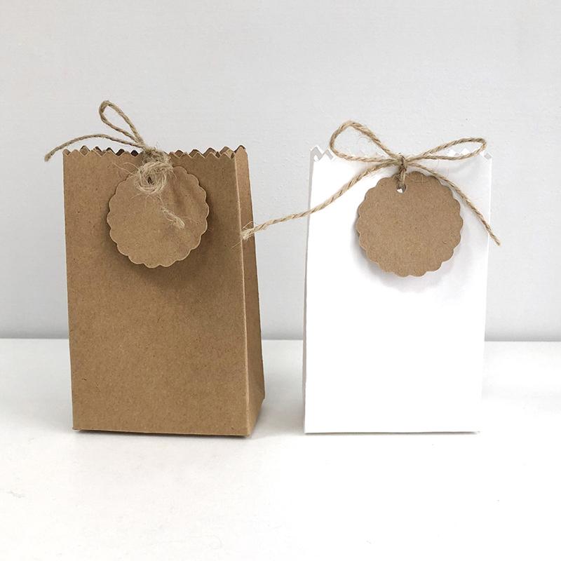 10set With Tag and Rope Candy Box Bread Bag White Candy Biscuit Bag For Guest Gift Gift Bag Brown 7x3.5x11CM
