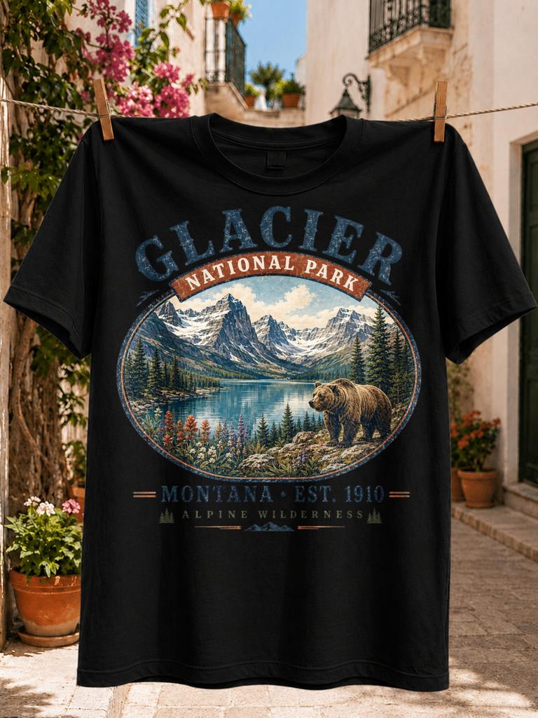 Glacier National Park Montana Vintage Alpine Lake Bear Mountain and Pine Forest Oval Est 1910 Text Unisex All TShirt