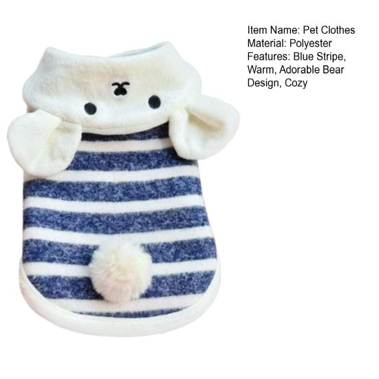 Xiaobudian Cartoon Bear Dog Hoodie, Blue Stripe Sleeveless Pet Clothes, Warm Tank Top, Cozy Winter Outfit for Small Breed Dogs