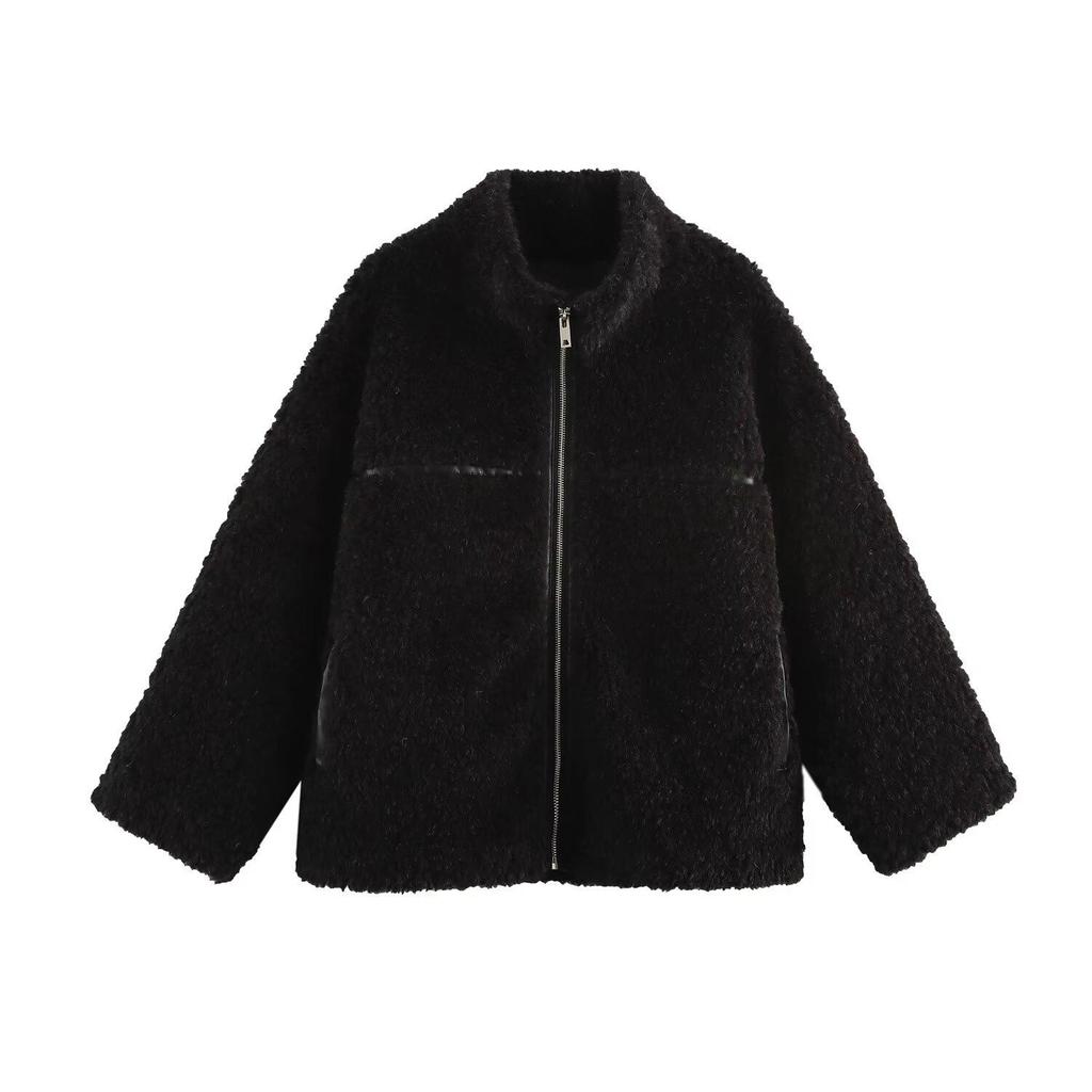 2024 Women's Winter Fashion Stand Collar Shearling Jacket with Zipper