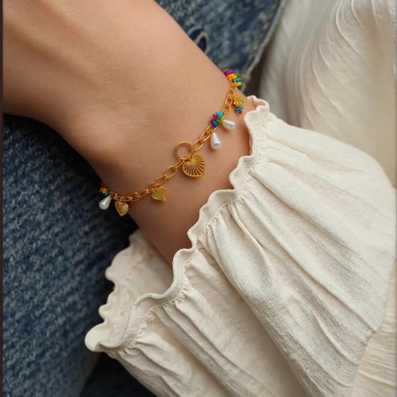 Stylish Multi Charm Bracelet Multi Pendant Bracelet with Flower and Heart Details Elegant Wrist Chain Jewelry