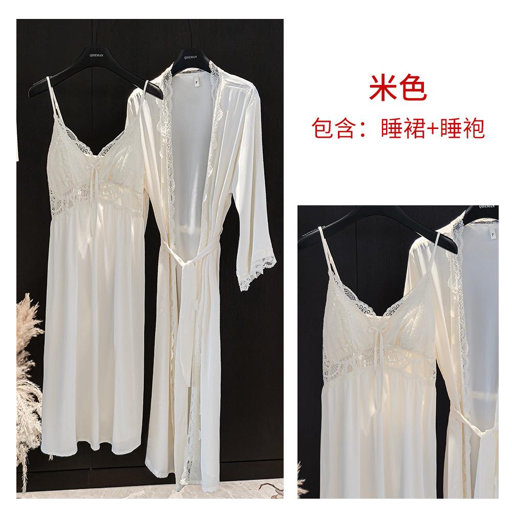 Seven-color pure lace sexy suspender nightdress women's French ice silk with chest pad suspender morning robe two-piece set