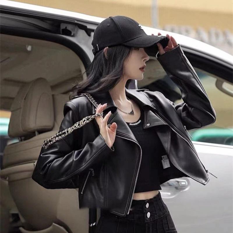 Spring Fashion Design Niche Zipper Black PU Leather Long-sleeved Jacket Motorcycle Short Small Coat Top for Women