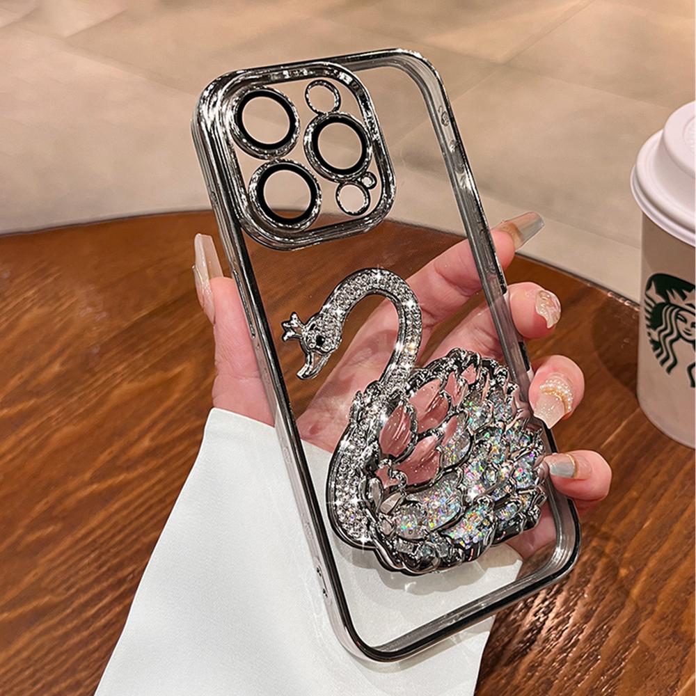 Luxury Plating Bling Glitter 3D Diamond Swan Clear Phone Case For iPhone 15 11 12 13 14 Pro Max Soft Silicone Shockproof Cover