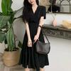 Basic French Style V-Neck Dresses Summer New Short Sleeve Women's Clothing Elegant A-Line Waist Fashionable Patchwork Midi Dress