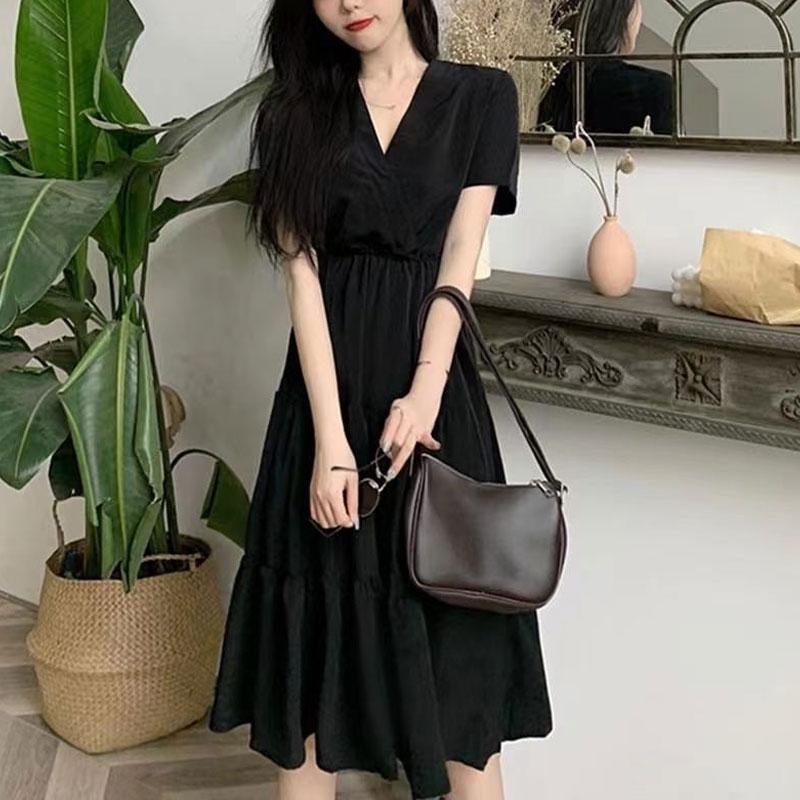 Basic French Style V-Neck Dresses Summer New Short Sleeve Women's Clothing Elegant A-Line Waist Fashionable Patchwork Midi Dress
