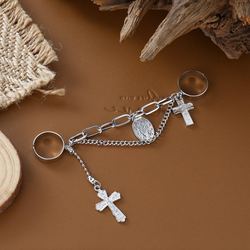 Chain Two-finger Conjoined Ring Creative Ins Cross Key Lock Open Ring Ring