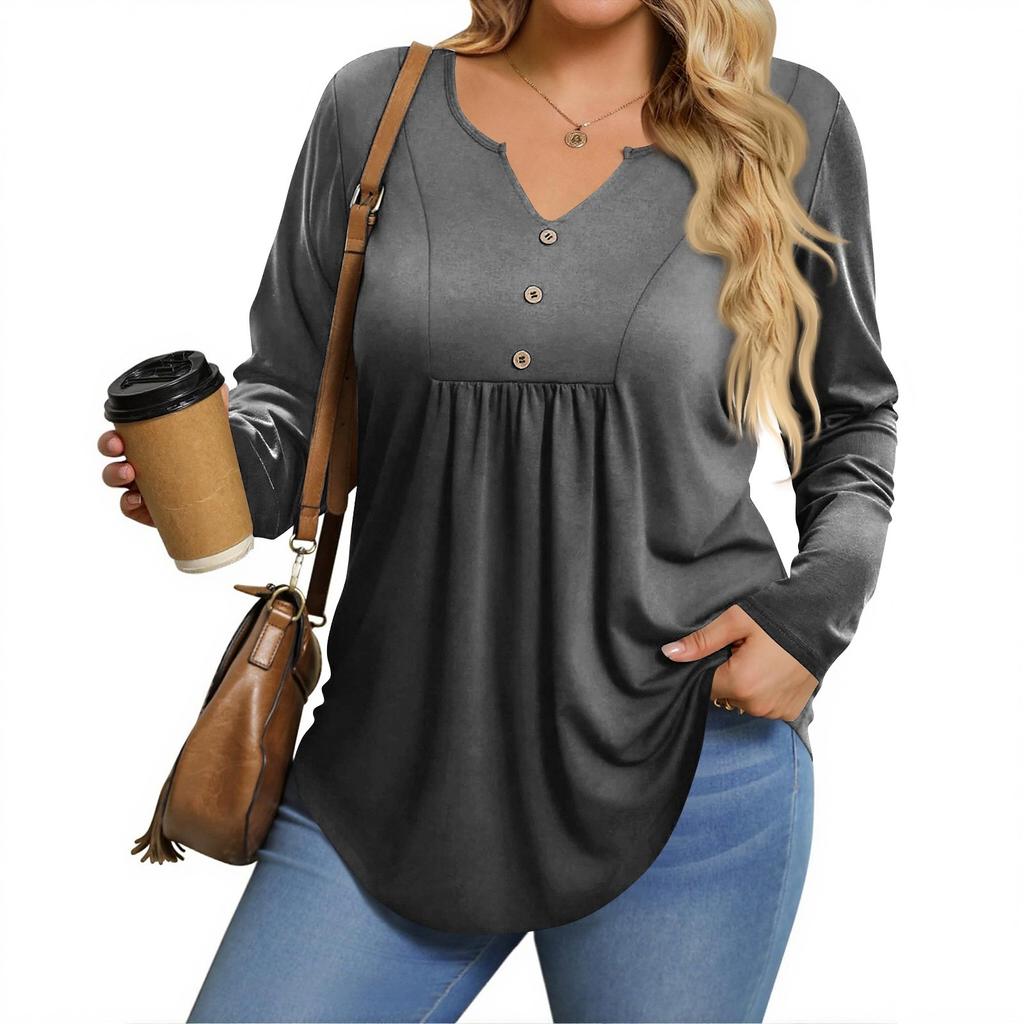 Womens Plus Size Long Sleeve Shirts  V Neck Tunic Tops Basic Loose Fit Tee Tops