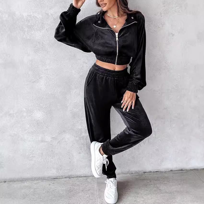 2024 Autumn/Winter Women's Fashion Casual Set: Golden Velvet Long Sleeve Top & Long Pants Two-Piece Set