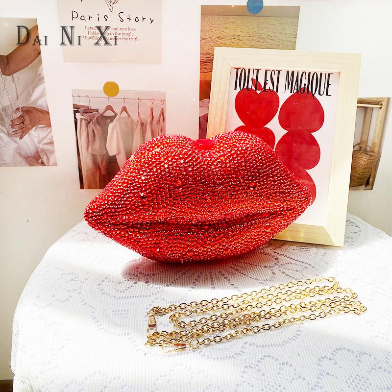 Dai Ni Xi Female Luxury Red Sexy Full Diamond Lips Shape Crystal Evening Bags Woman Clutches Wedding Evening Purse For Ladies
