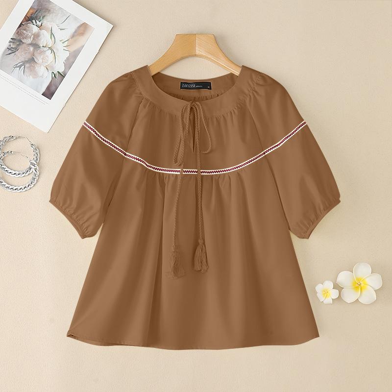 

ZANZEA Женская повседневная блузка с круглым вырезом, свободная, летняя, с рукавом три четверти 4XL