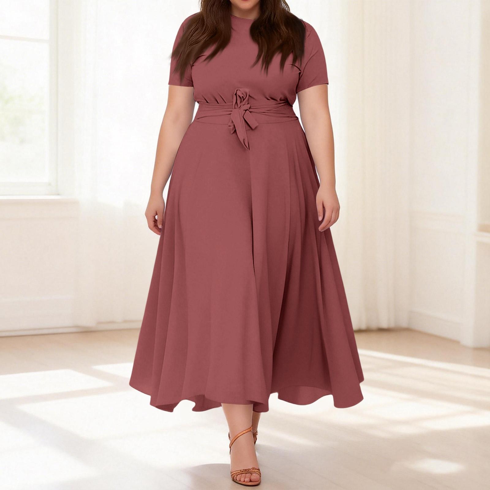 

Women s Casual Fashion Large Size Color Round Neck Short Sleeve Pocket Straps Swing Dress XL