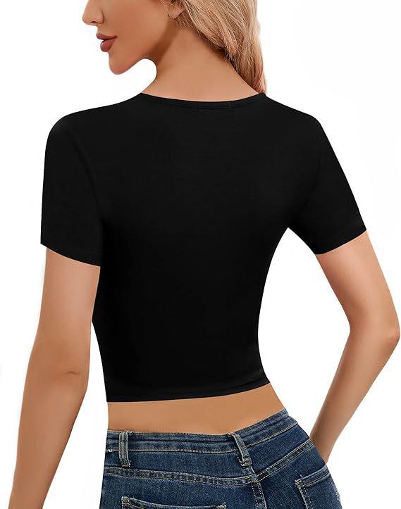 2026 Women's European & American Casual Round Neck Solid Color Cropped Short Sleeve T-shirt
