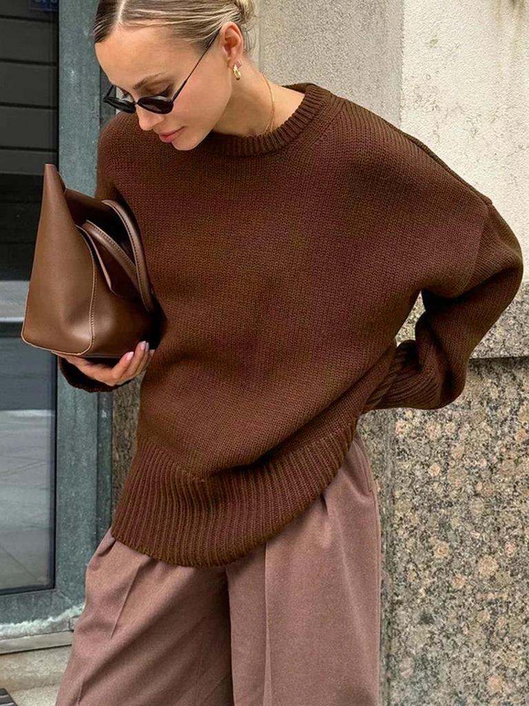 Damen einfarbiger Rippstrick Pullover - Herbst/Winter, Lockerer Schnitt, Rundhalsausschnitt, Lässiger Stil