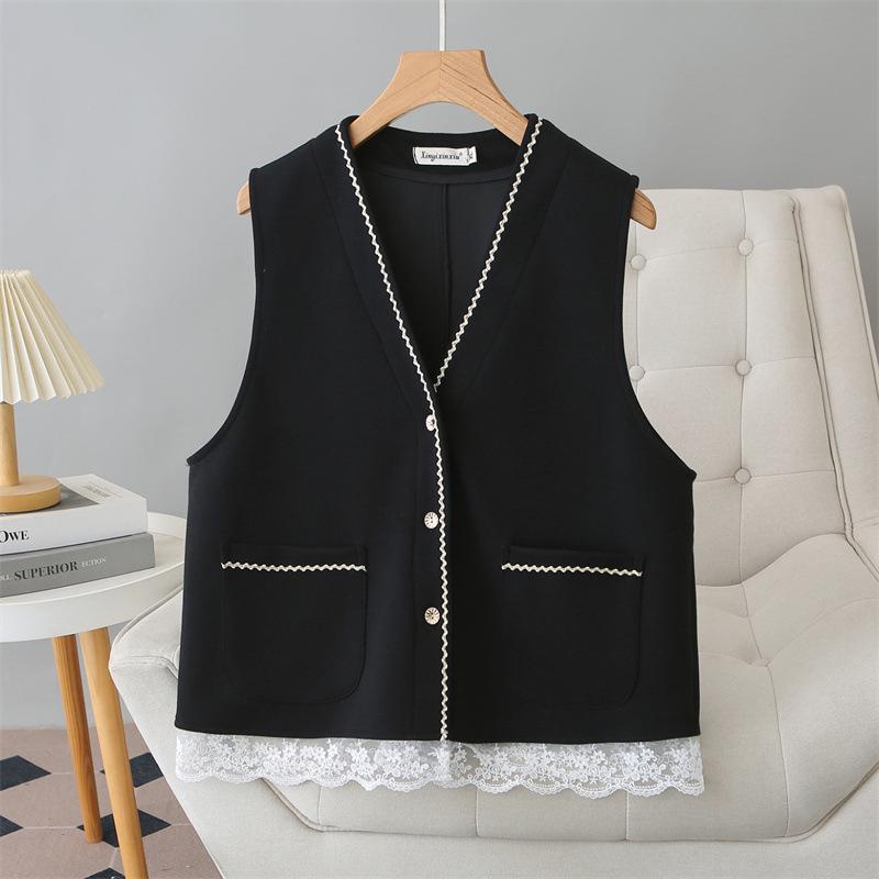 2026 Spring/Summer Plus Size Patchwork Mesh V-neck Cardigan Vest for Curvy Women 4XL чёрный