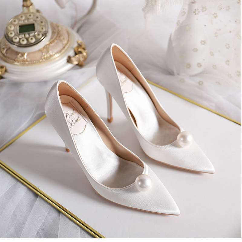 2025 New Pointed White Pearl High Heels 7cm Stiletto Green Single Shoes Women's Red Bridal Wedding Shoes
