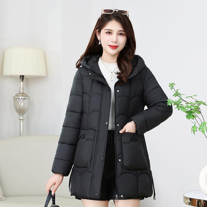 Fashion down cotton jacket women's mid-length winter 2025 hooded plus size slim padded jacket warm jacket