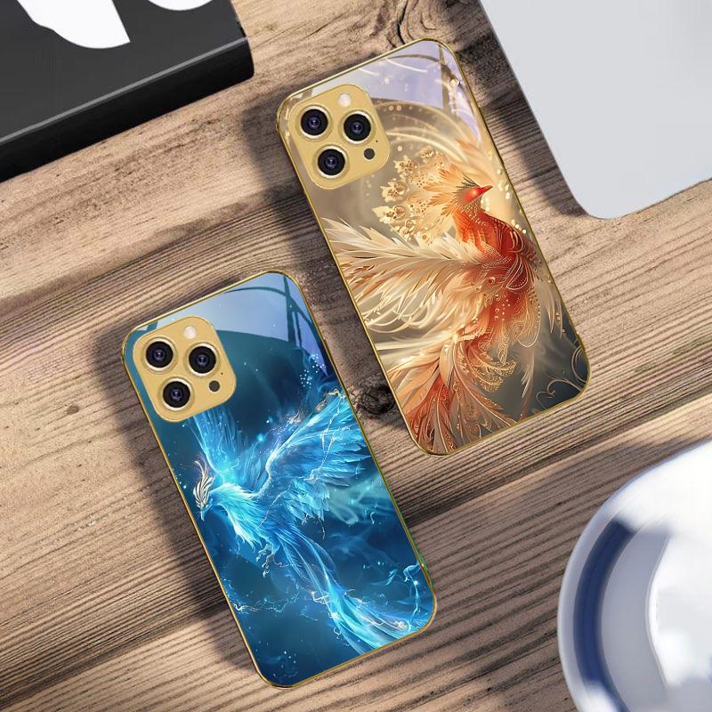 Złoty Feniks Rozwijający się Dla IPhone 16 Pro Max 15 P Ro 14 13 Plus 12 Mini 11Pro Max XS Max XR Złote Hartowane Szkło Etui na Telefon