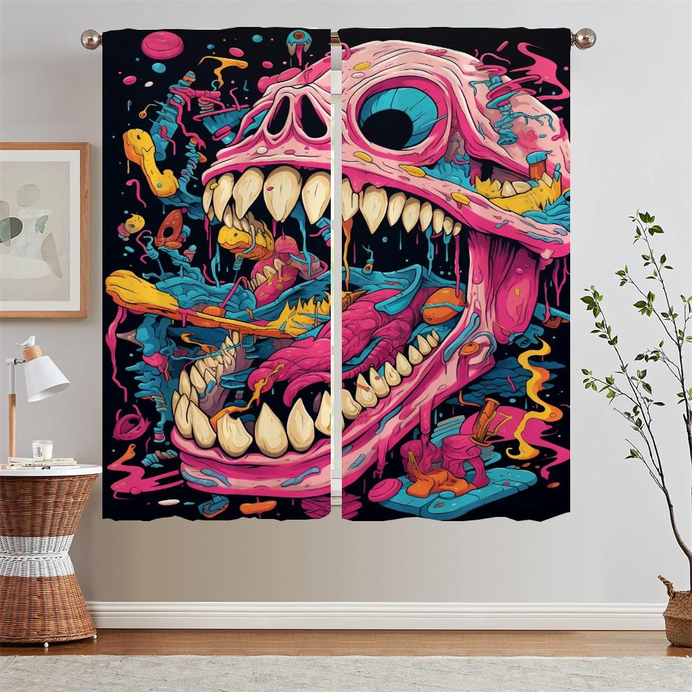 Cartoon Skull Illustration Kitchen Curtain Tiebacks Bedroom Curtains 2 Pieces Black Out Curtains for Living Room Tentacles Blind