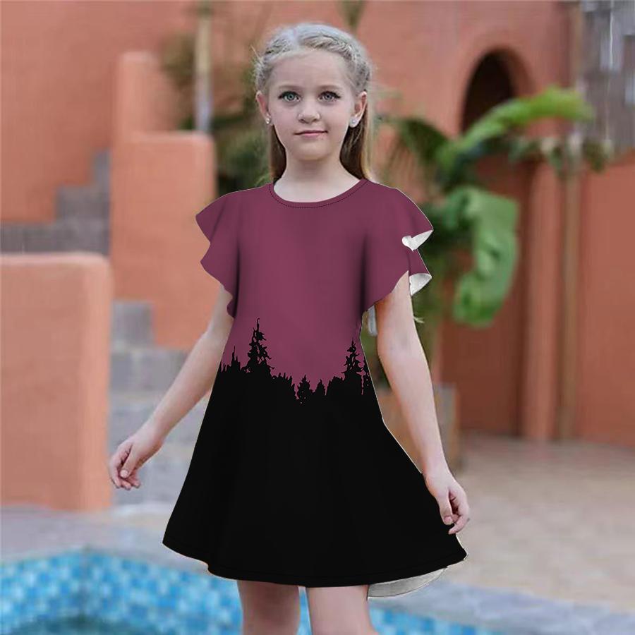 Girls Green Cypress Print Dresses Kids Girl Party Dress Loose Fitting Loose Fitting Short Sleeved Skirt For Girls Over Four Years Old