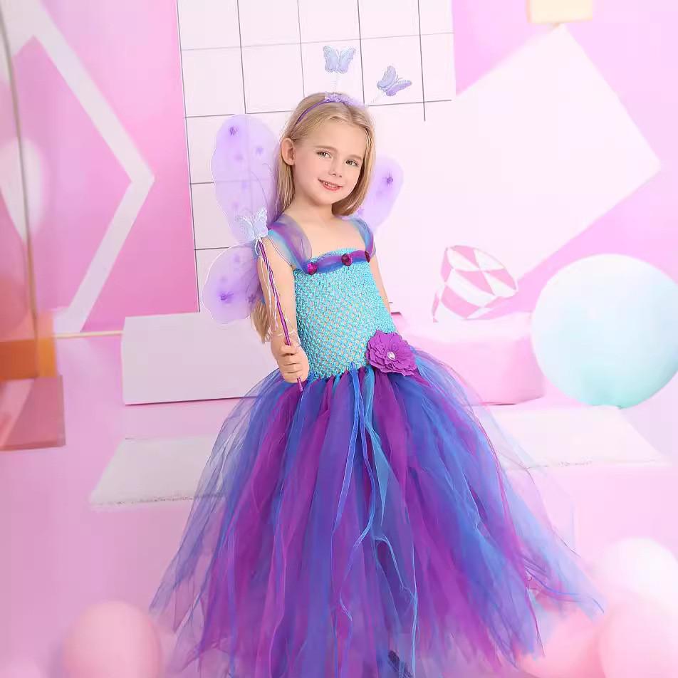 Kids Girls Flower Fairy Mesh Tutu Dress Headwear Wings Set Children Halloween Cosplay Costumes Child Pretend Princess Party Role Play Outfit