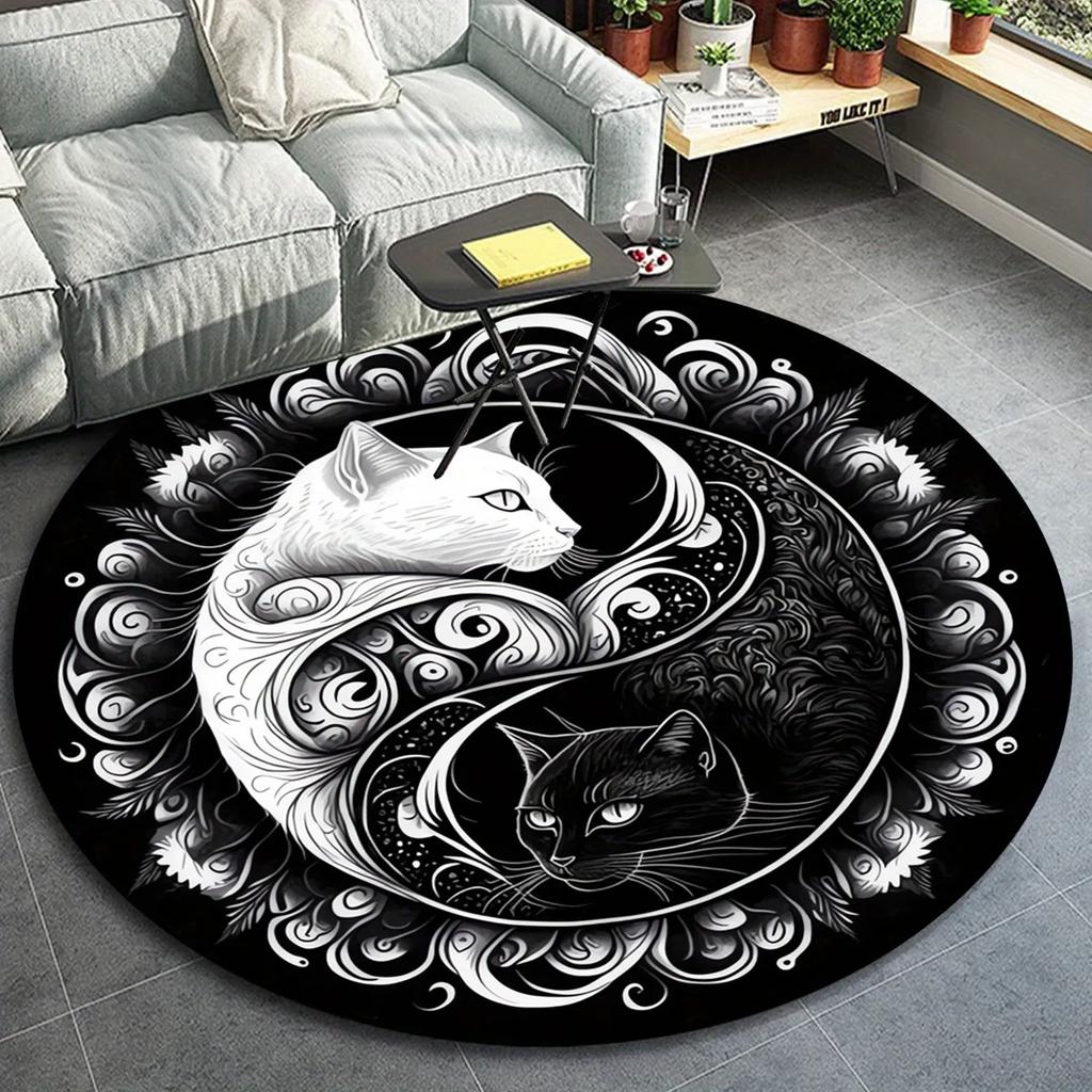 Yin Yang Round Rug Non-Slip Machine Washable Rug with Sakura Goldfish Dragon Lion Cat Tree Design for Living Room Bedroom