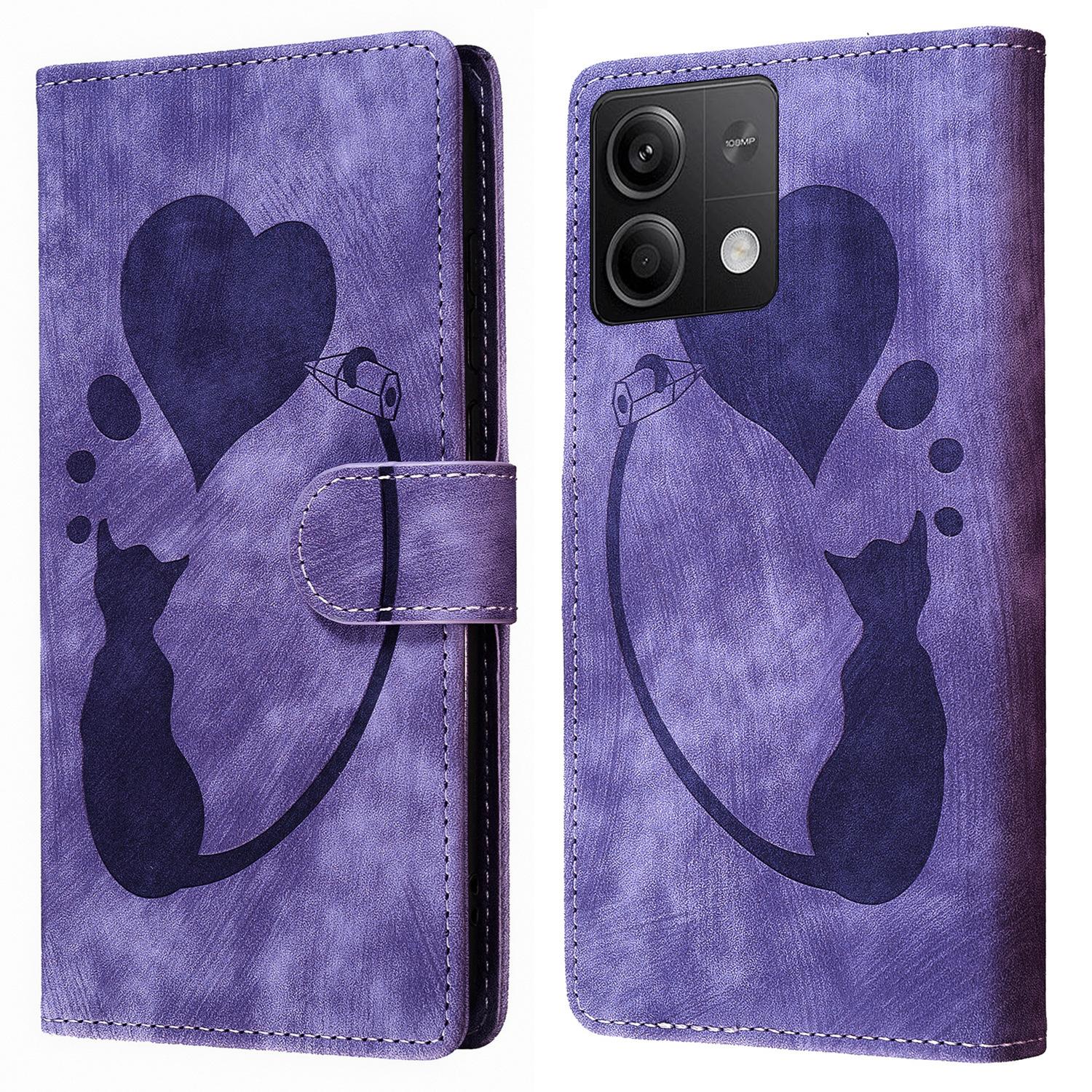 

For Xiaomi Redmi Note 13 5G Case Love Heart Cat Imprinted Leather Phone Cover with Card Slots Stand Purple