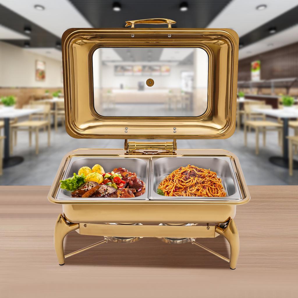 9L Gold Rectangle Dual Compartment Chafing Dish Buffet Set, Serving Plate for Kitchen & Dining - 90° Opening Angle, 58.5x44x30cm