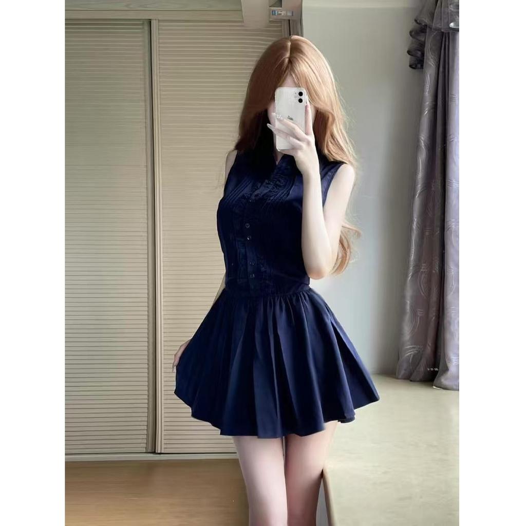 2026 Shirt Shows Temperament White Navy Blue Sleeveless Dress Waist Lace-up Spice Girl Summer Skirt