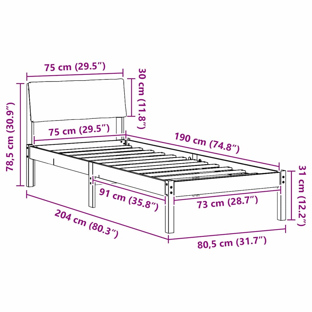 Bed Frame in White and Light Grey 75 x 190 cm Solid Pine Wood